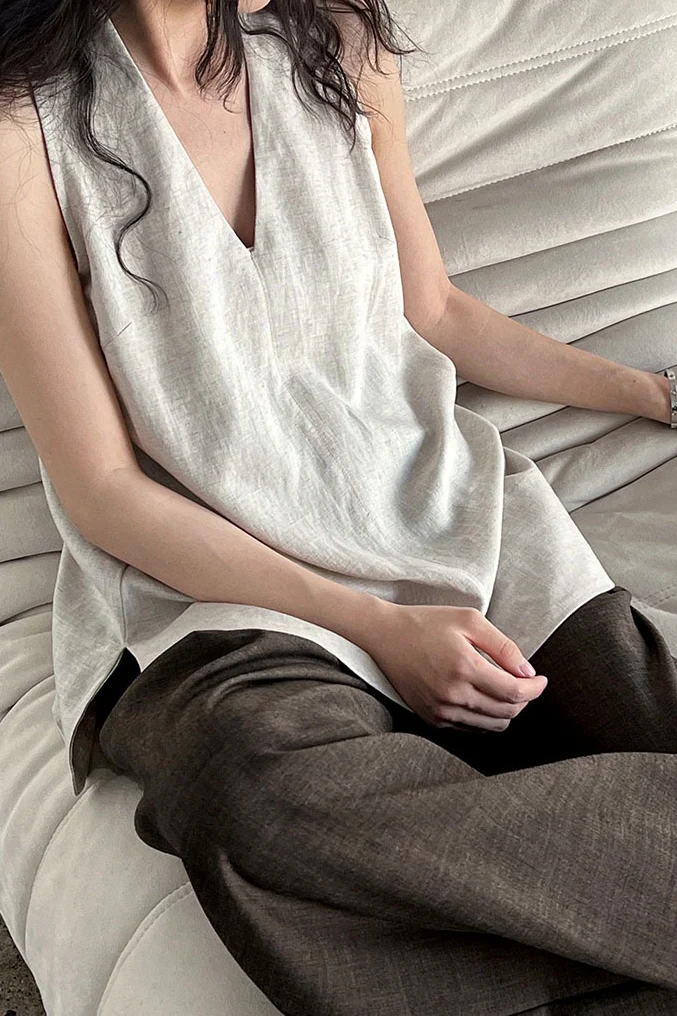 Halter V Neck Linen Casual Tank Top - Image 7