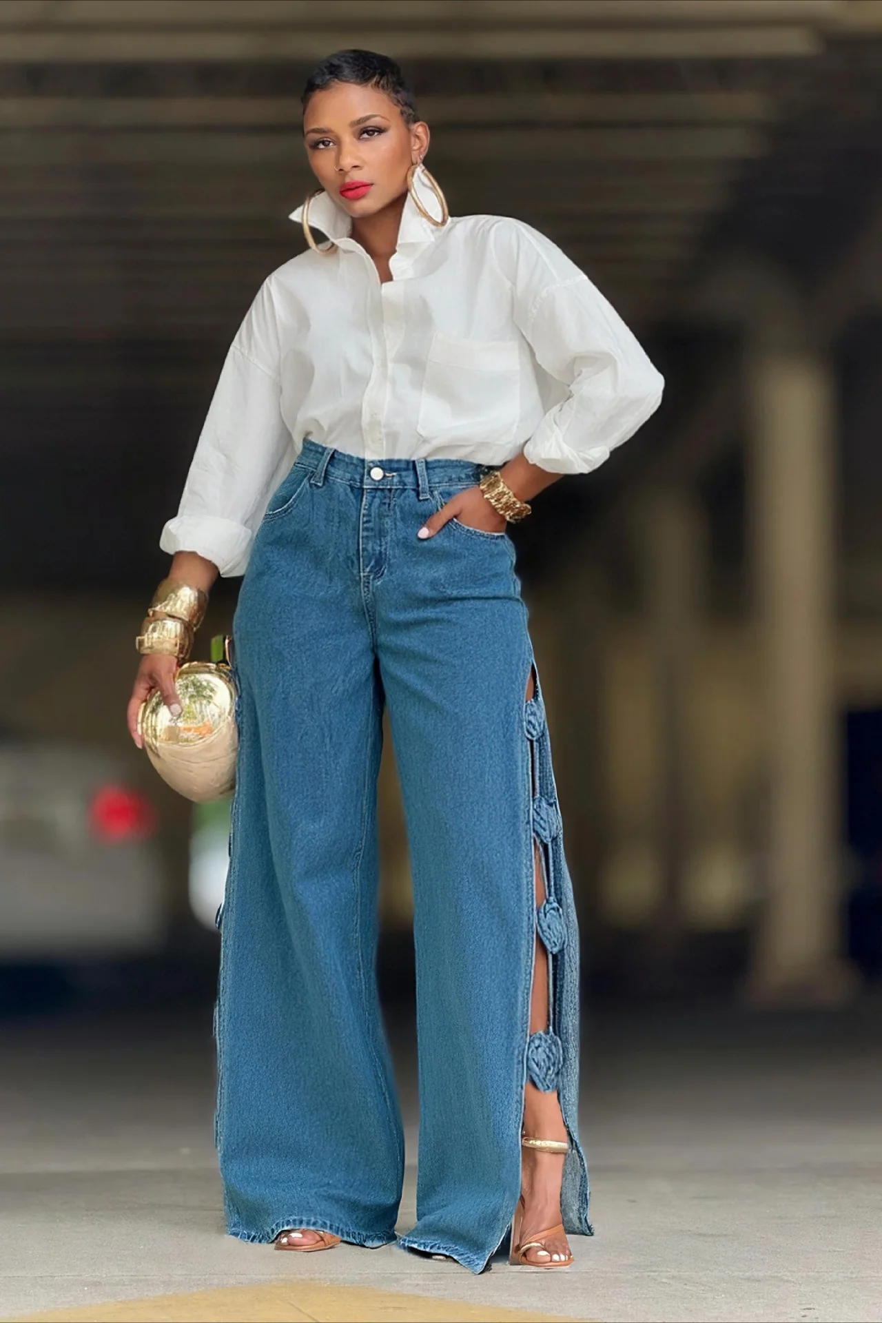 Hand Embroidered 3D Flower Cutout Side Slit Jeans - Image 3