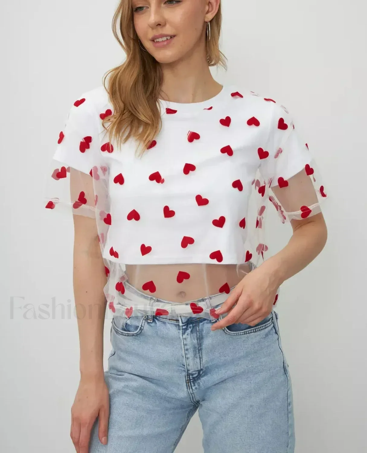 Heart Mesh Patchwork Cotton T-Shirt - Image 2