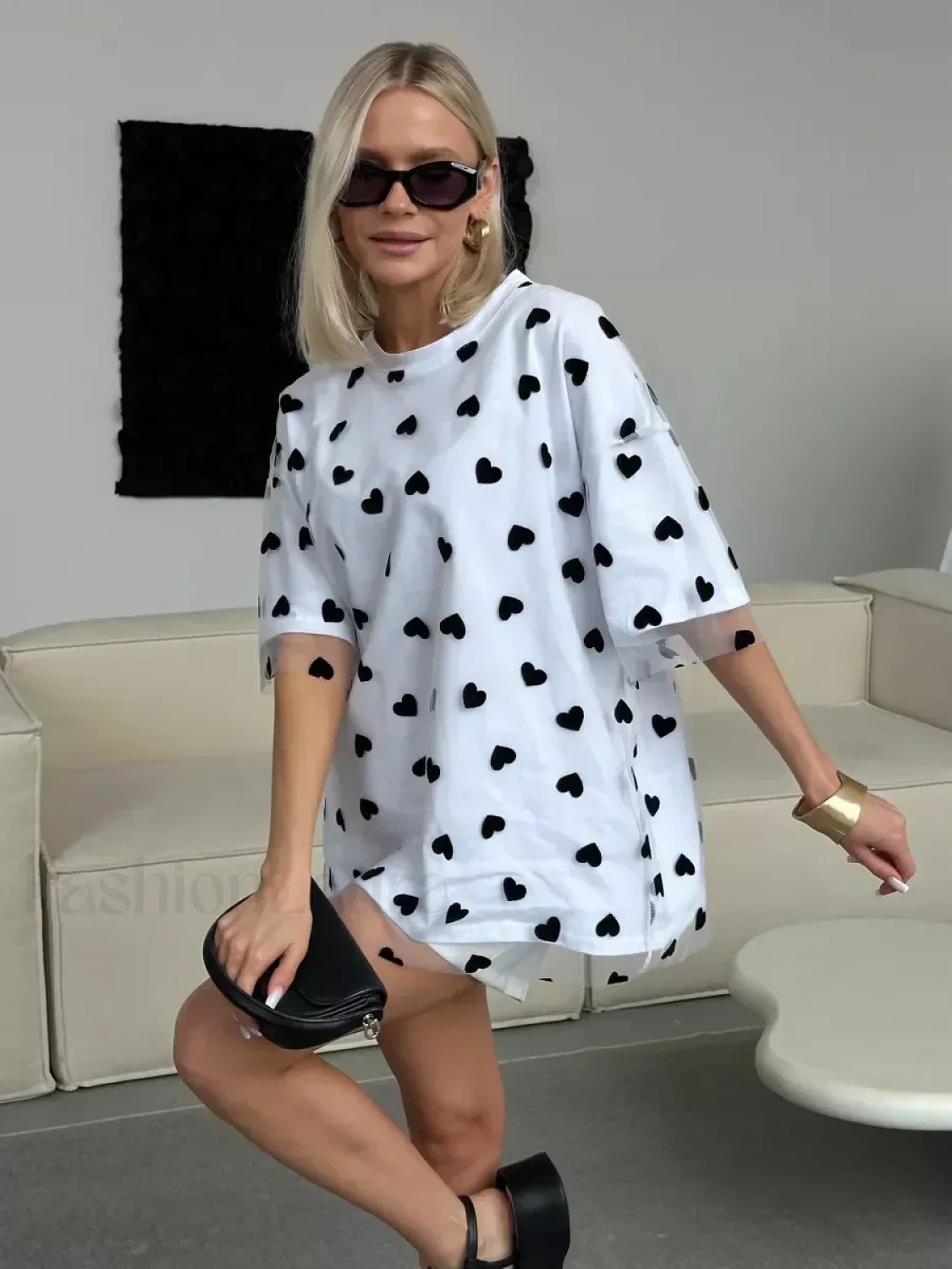 Heart Mesh Patchwork Cotton T-Shirt - Image 20