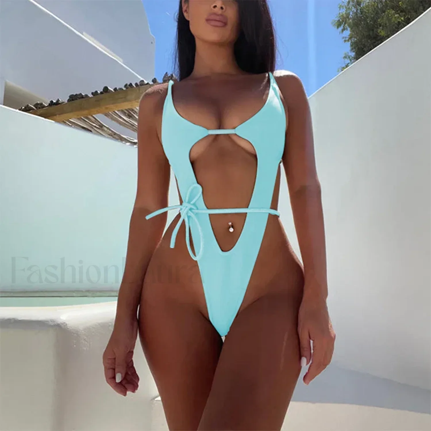 High Cut Solid One Piece Bikini Set - Image 4