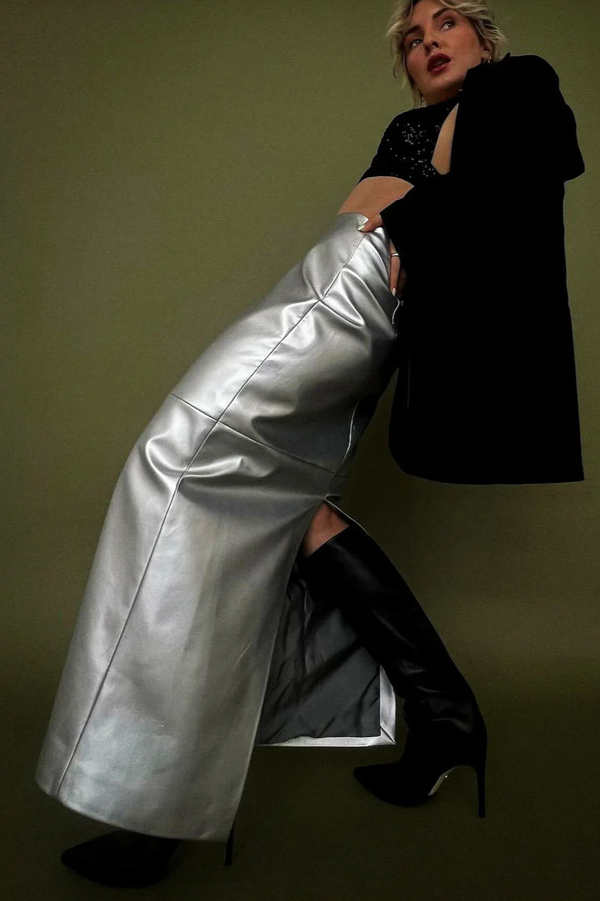 High Gloss PU Leather Bodycon Slit Skirt - Image 2