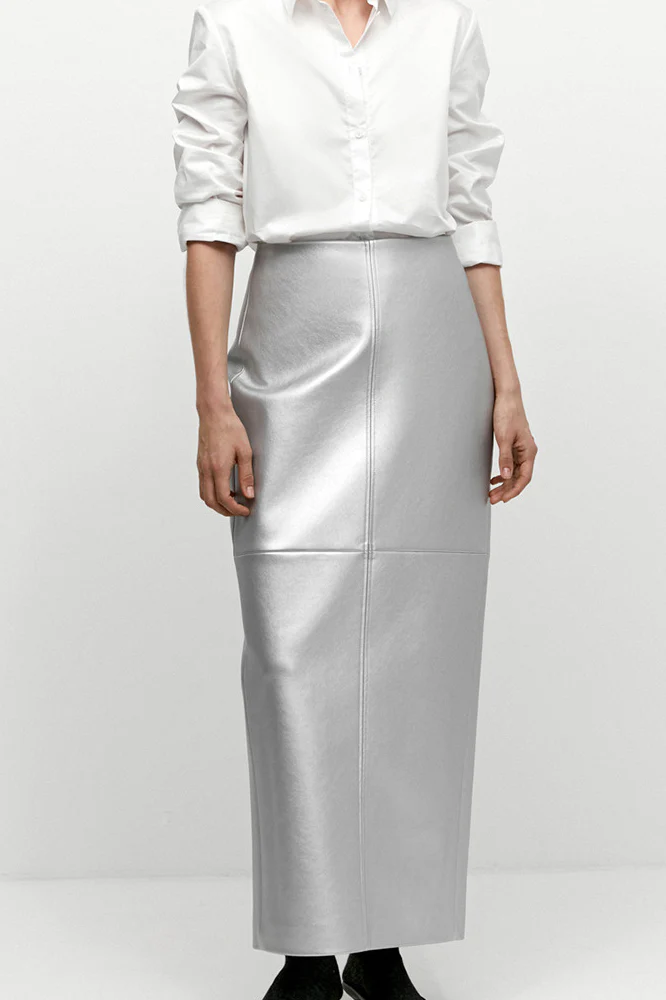 High Gloss PU Leather Bodycon Slit Skirt - Image 3