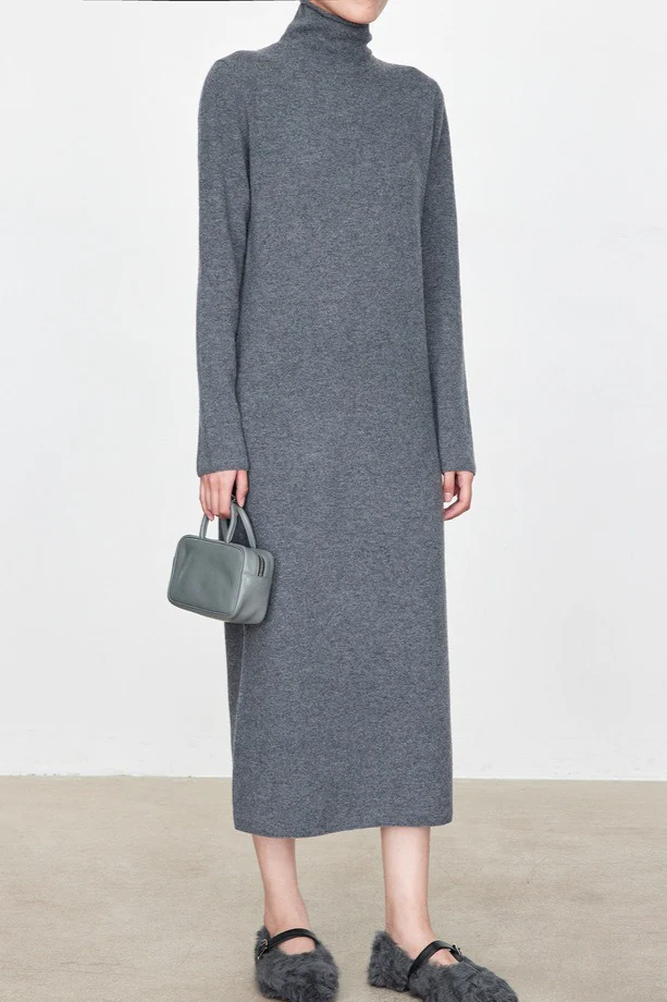 High Neck Flocked Slouchy Knit Dress - Image 16
