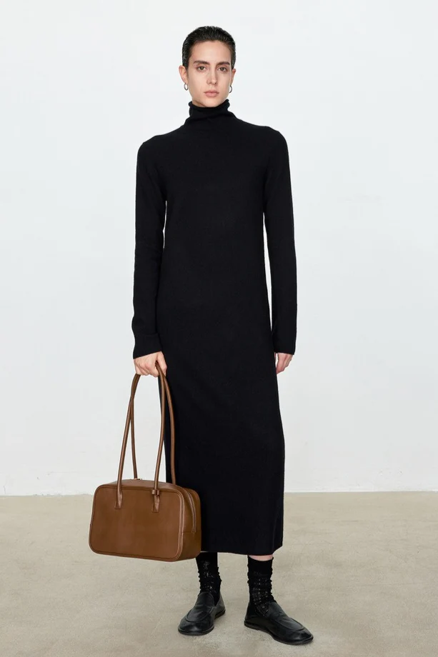 High Neck Flocked Slouchy Knit Dress - Image 8