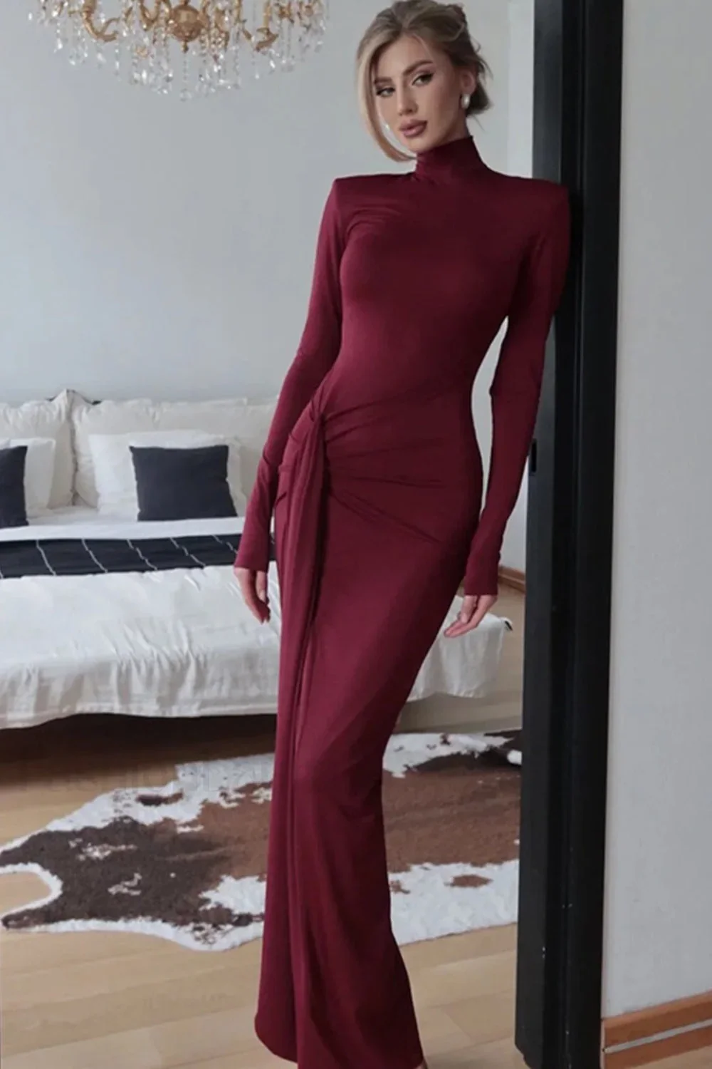 High Neck Patchwork Tie Maxi Dress - Image 9