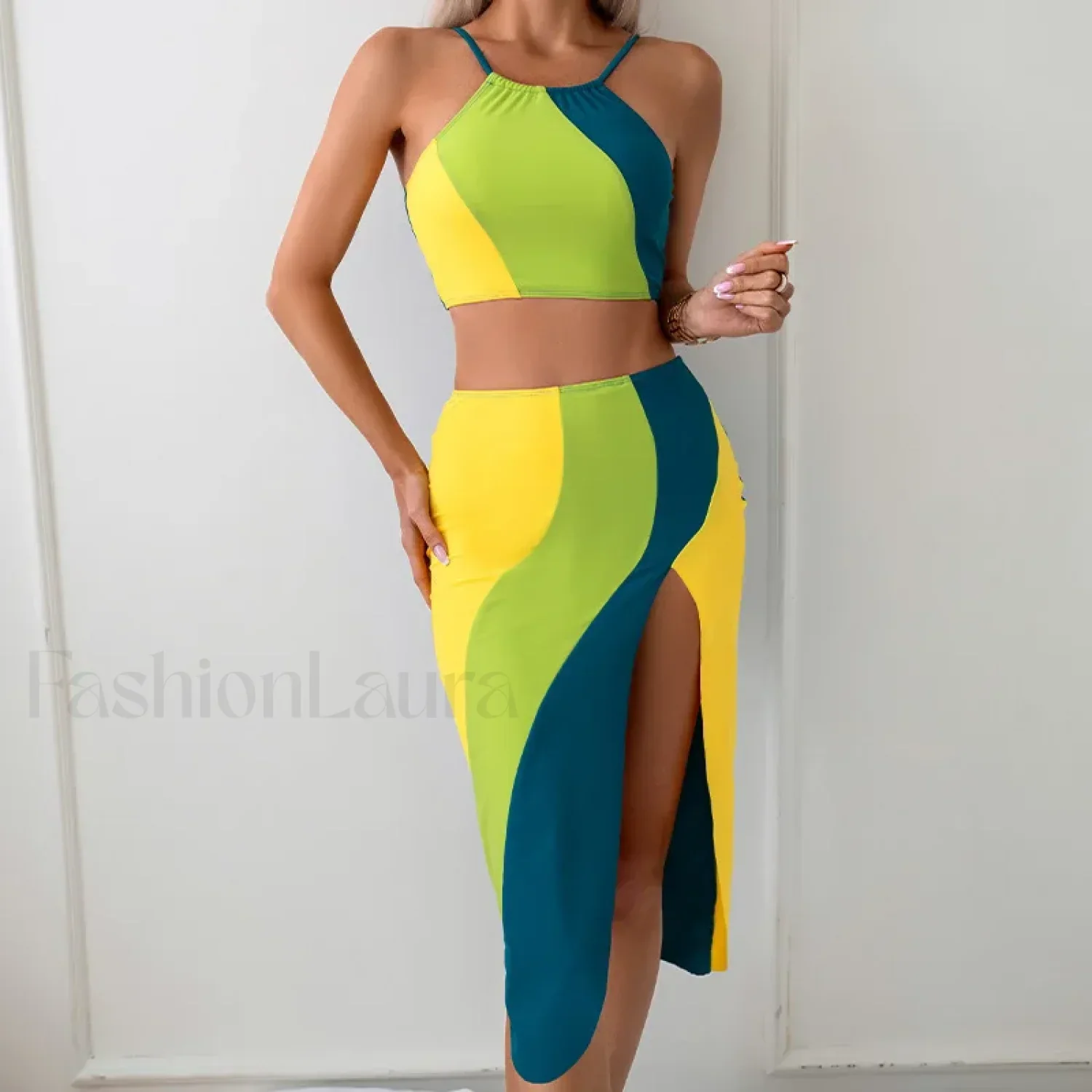 High-Neck Pink Sarong Three Piece Set - Image 9