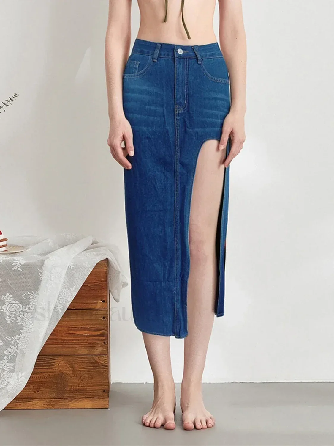 High Split Denim Pencil Skirt - Image 9