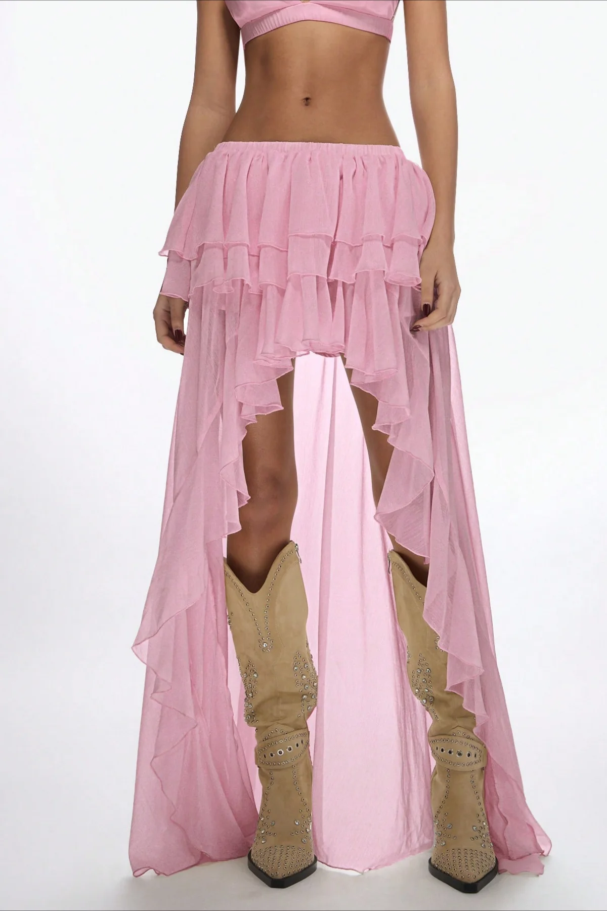 High Waist Asymmetric Tiered Chiffon Skirt - Image 6