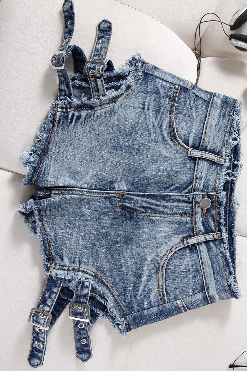 High Waist Distressed Slim Fit Denim Shorts - Image 7