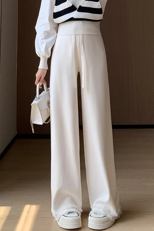 High Waist Fringed Hem Knit Pants - Image 3
