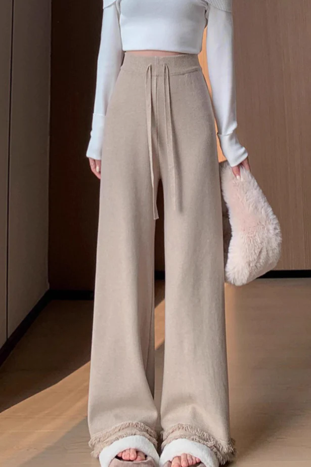 High Waist Fringed Hem Knit Pants - Image 4