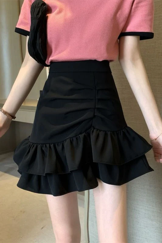 High Waist Pink Flounce Hem Asymmetrical Skirt - Image 6