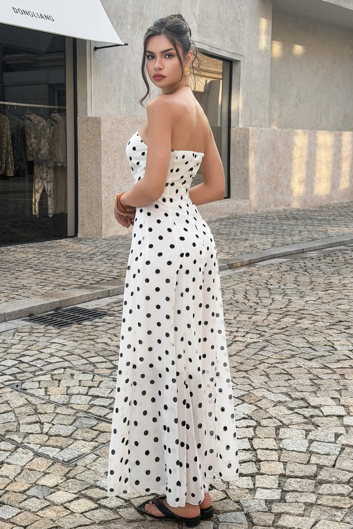 High Waist Polka Dot Strapless Slit Maxi Dress - Image 3