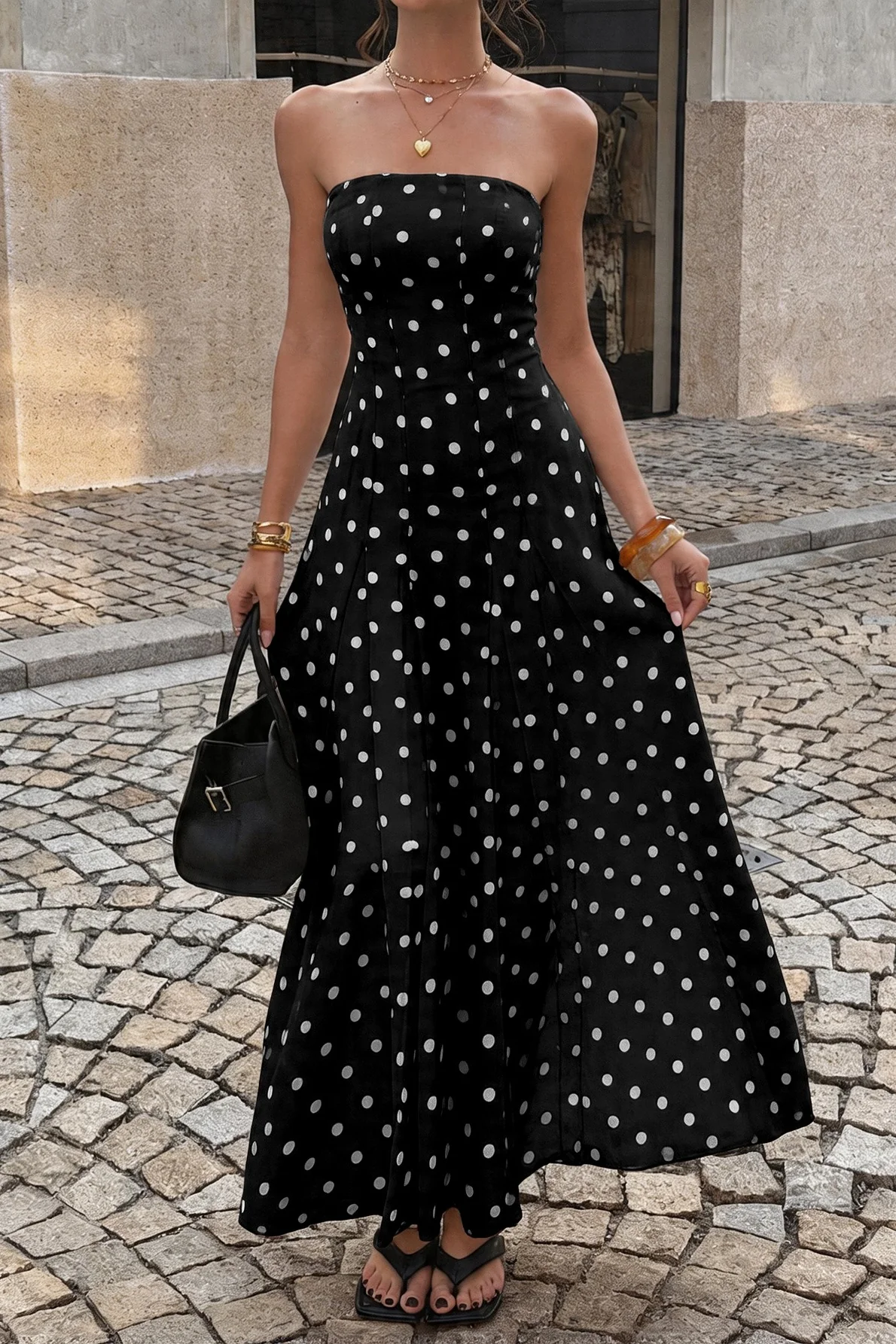 High Waist Polka Dot Strapless Slit Maxi Dress - Image 4
