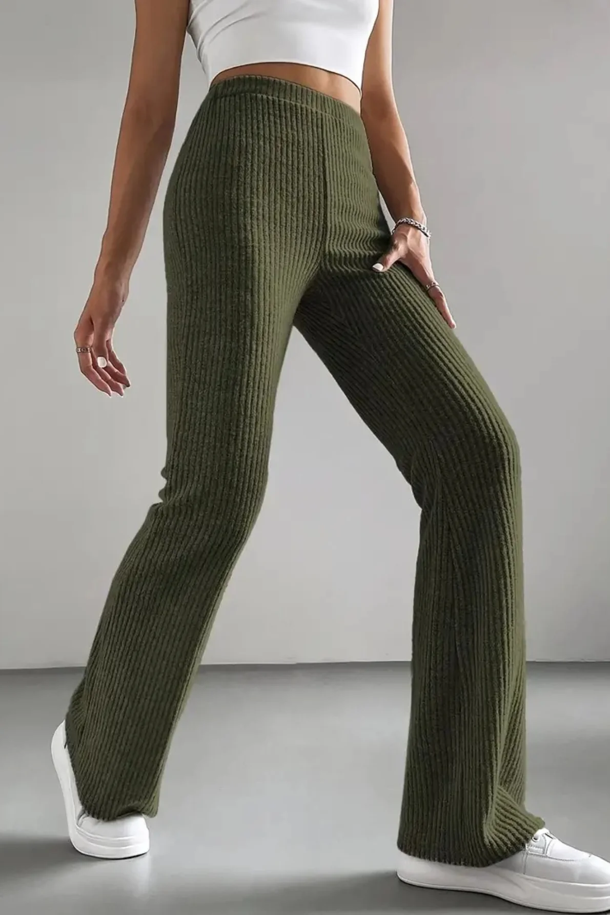 High Waist Ribbed Flared Knit Pants - Image 6
