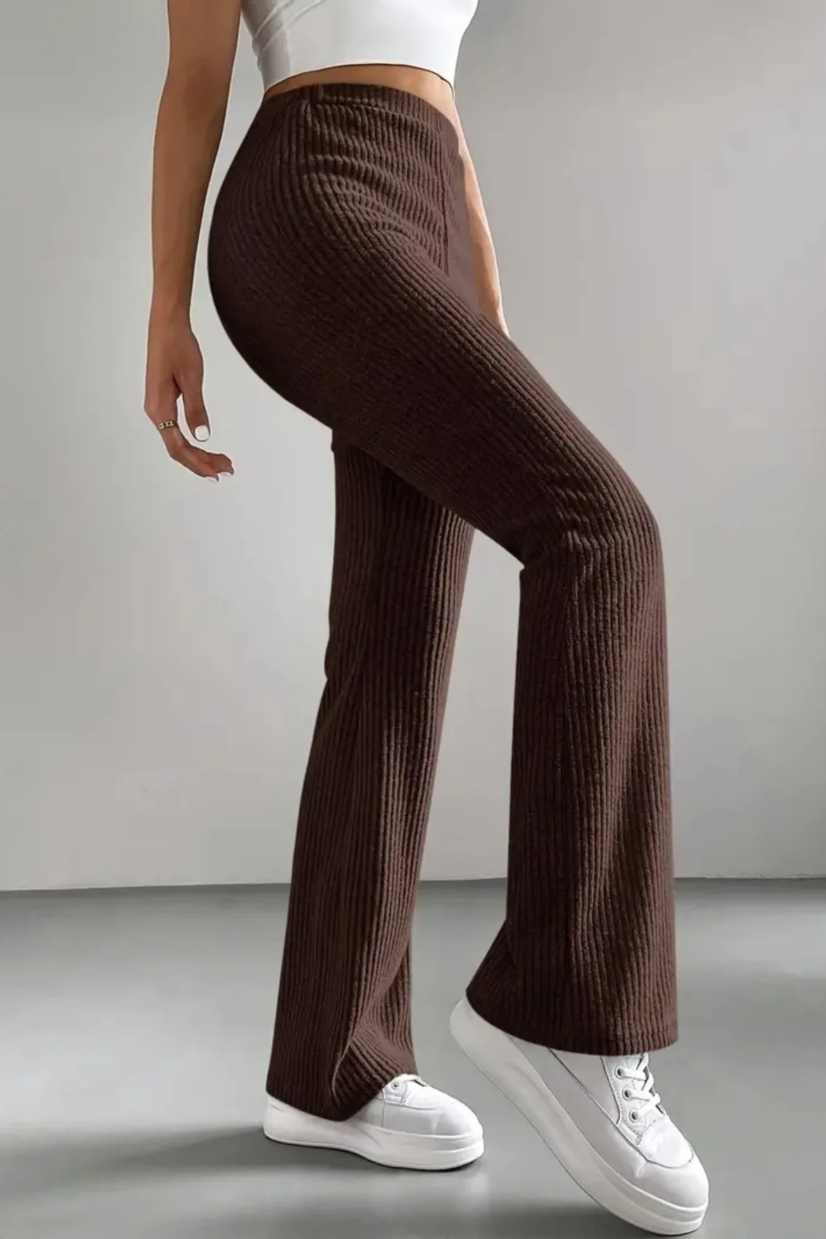 High Waist Ribbed Flared Knit Pants - Image 8