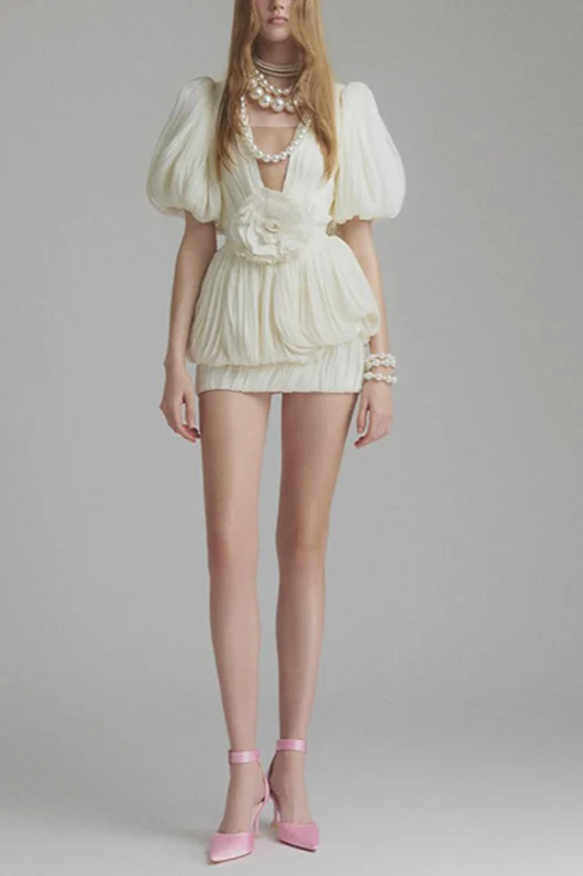 High Waist Ruched 3D Floral Mini Dress - Image 3