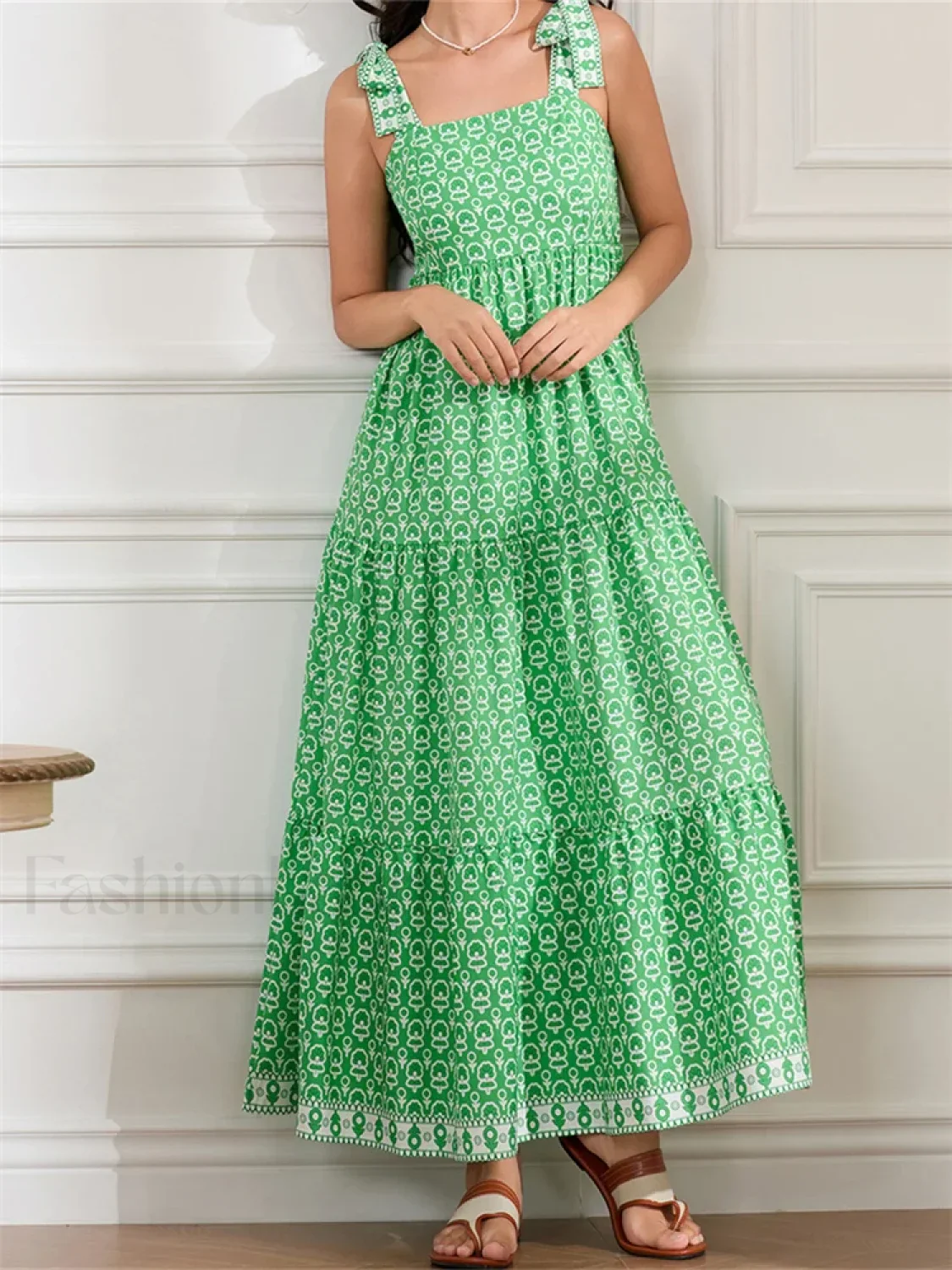 High Waist Tie Strap Print Maxi Dress - Image 12