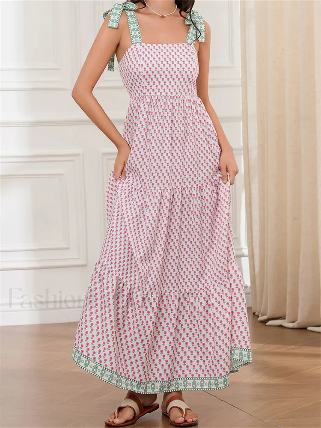 High Waist Tie Strap Print Maxi Dress - Image 16