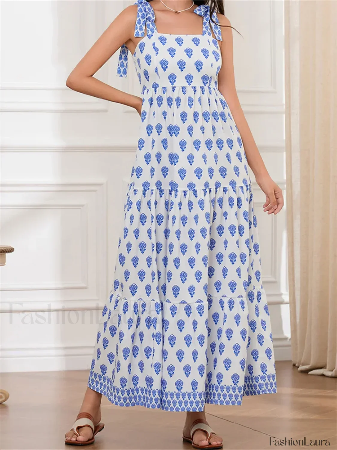 High Waist Tie Strap Print Maxi Dress - Image 22