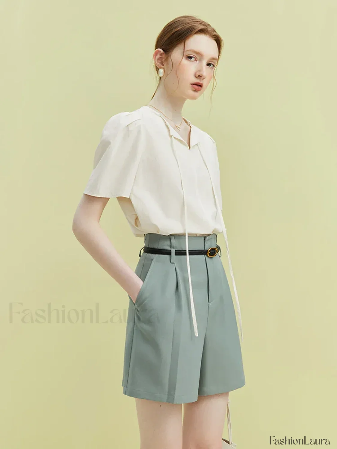 High Waist Twill Pleated Office Lady Short - Image 13