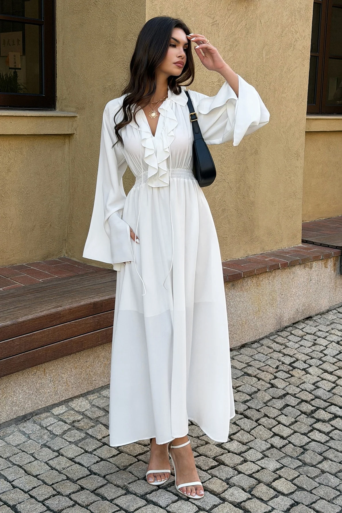 High Waist V Neck Long Sleeve Elegant Maxi Dress - Image 2