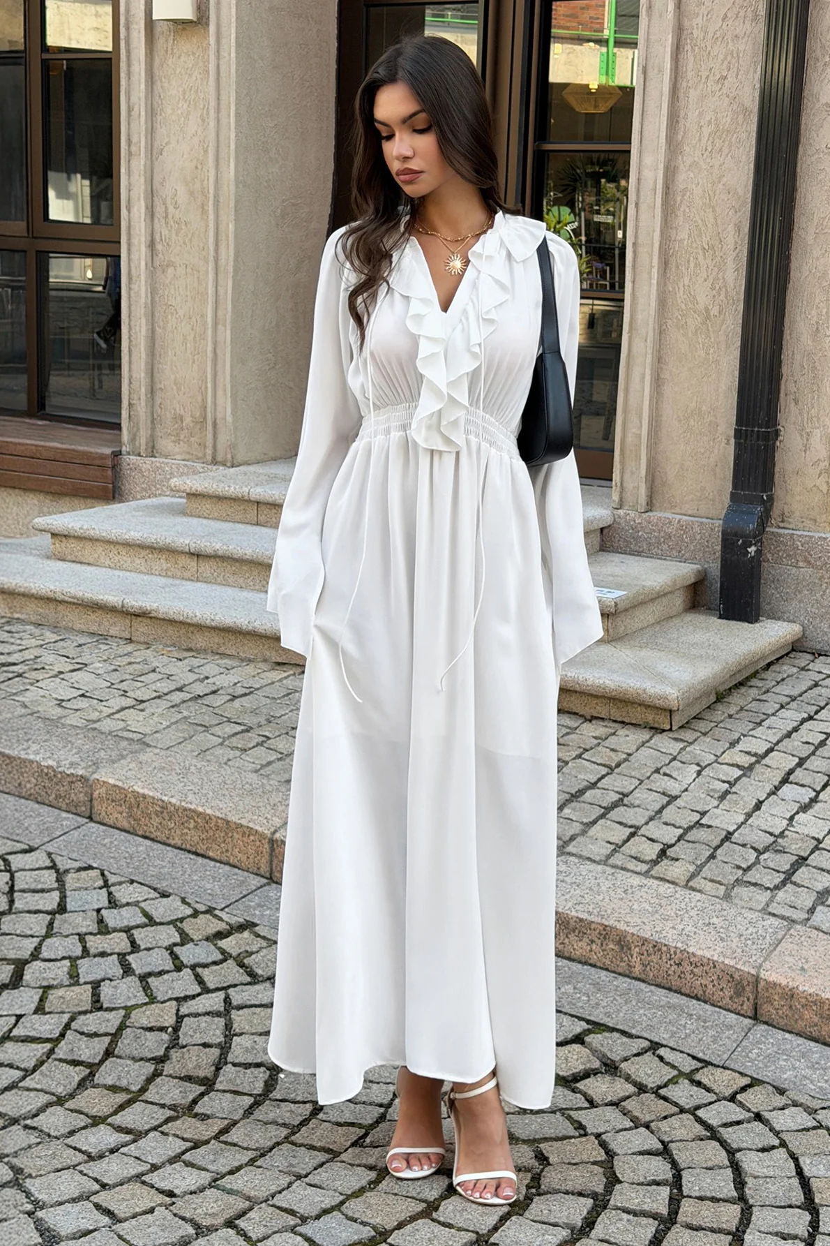 High Waist V Neck Long Sleeve Elegant Maxi Dress - Image 3