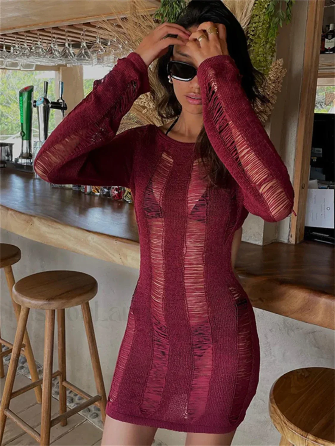 Holes Ripped Knit Backless Hollow Out Cover Up - Image 4