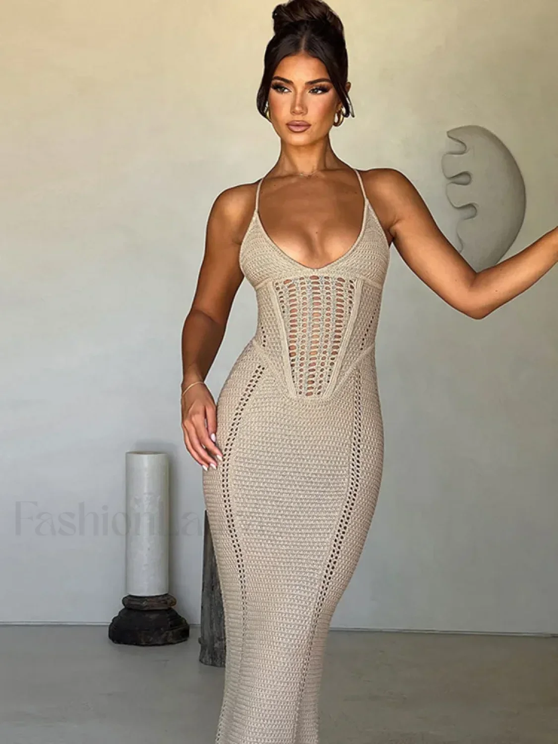 Hollow Lace Up Sweater Maxi Dress - Image 16