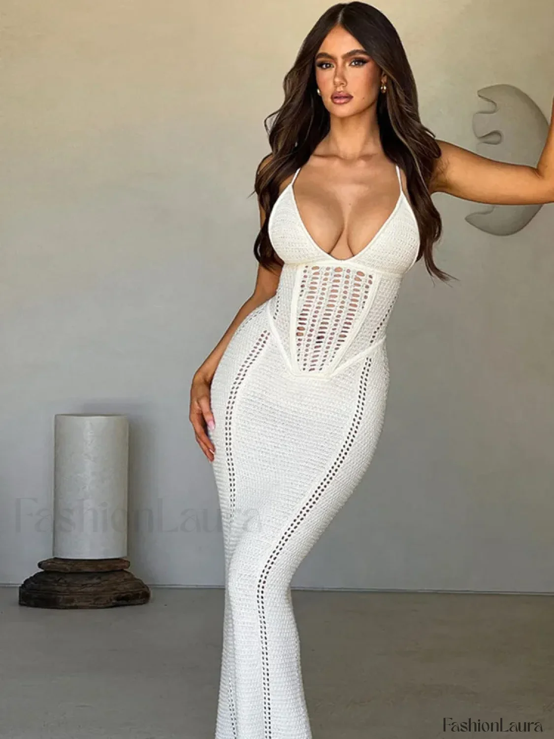 Hollow Lace Up Sweater Maxi Dress - Image 21