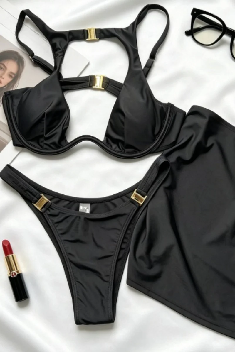 Hollow Out Black Halter Three Piece Swim Set - Image 3