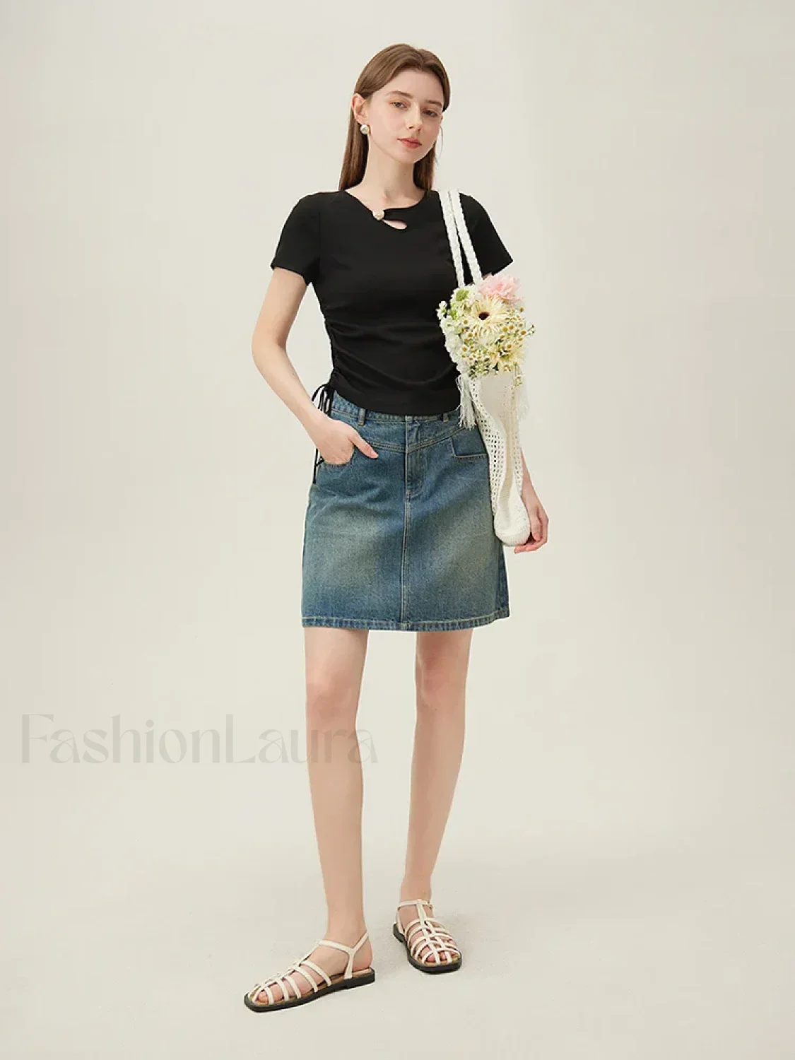 Hollow Out Slim Drawstring Black T-Shirt - Image 2