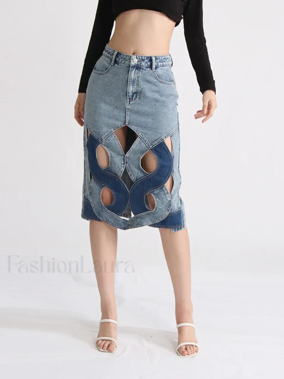 Hollow Out Zipper Denim Skirt - Image 3