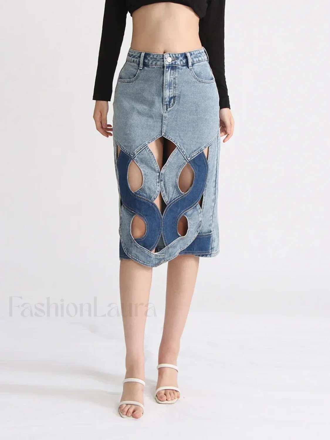Hollow Out Zipper Denim Skirt - Image 4