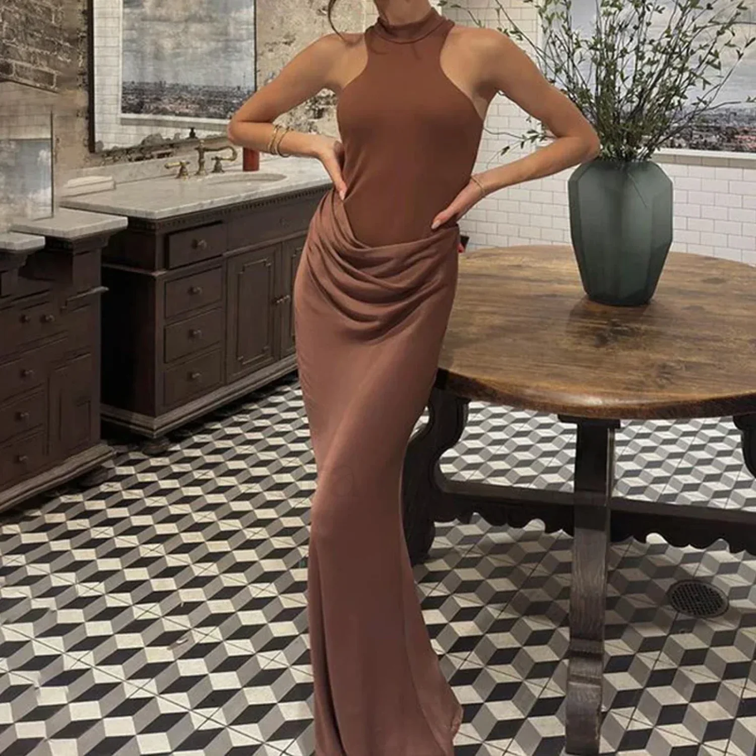Hollow Pleated Patchwork Maxi Dress - Image 16
