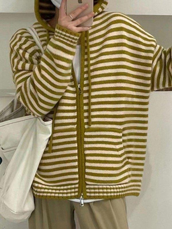 Hooded Striped Long Sleeve Knit Cardigan - Image 11