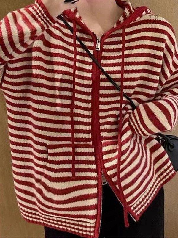 Hooded Striped Long Sleeve Knit Cardigan - Image 28