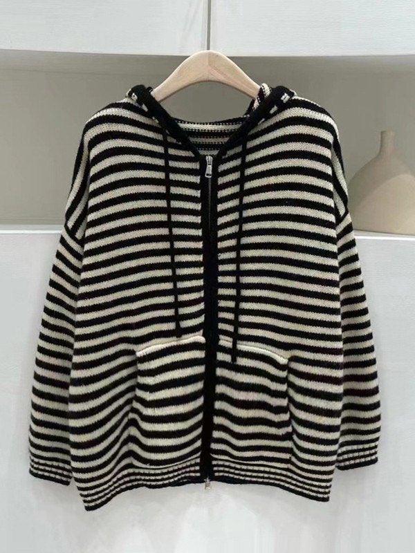 Hooded Striped Long Sleeve Knit Cardigan - Image 4