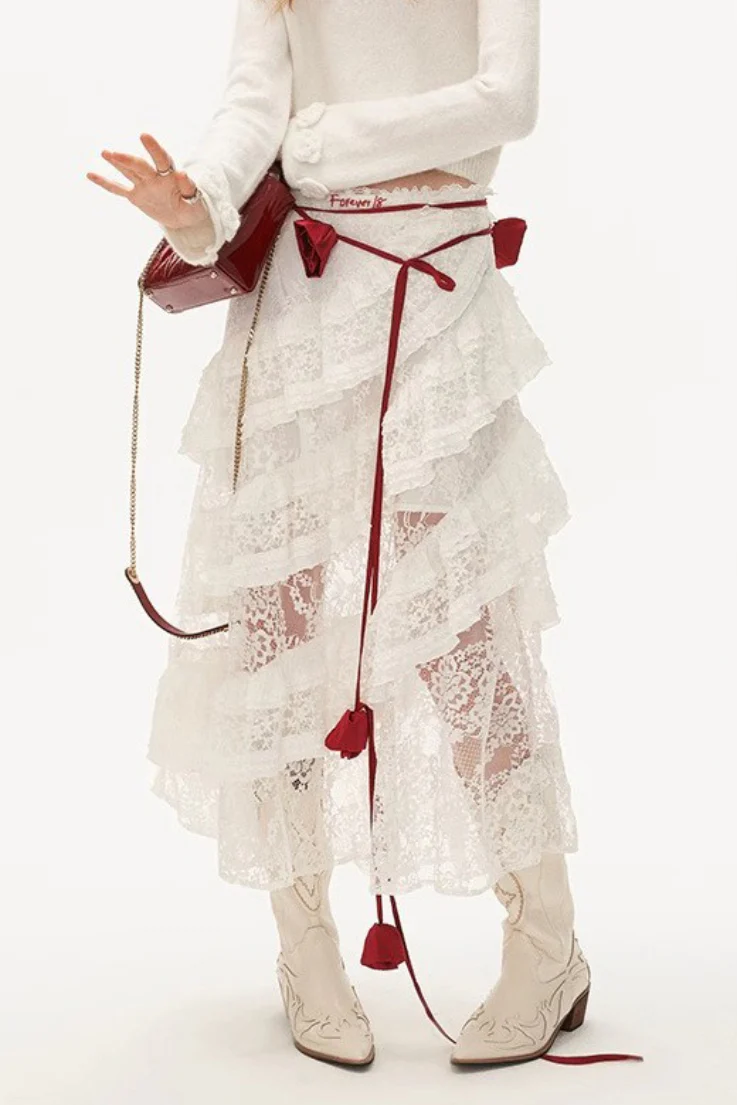 Hot Girl Lace Tiered Mesh Stylish Slim Midi Skirt - Image 2