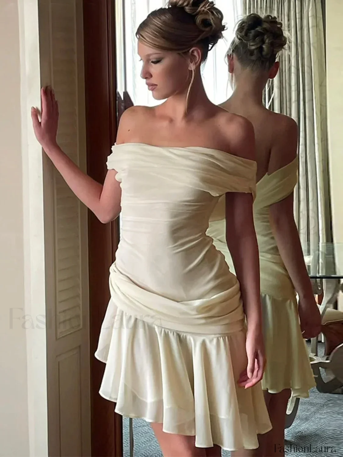 Inclined Shoulder Patchwork Mini Dress - Image 7