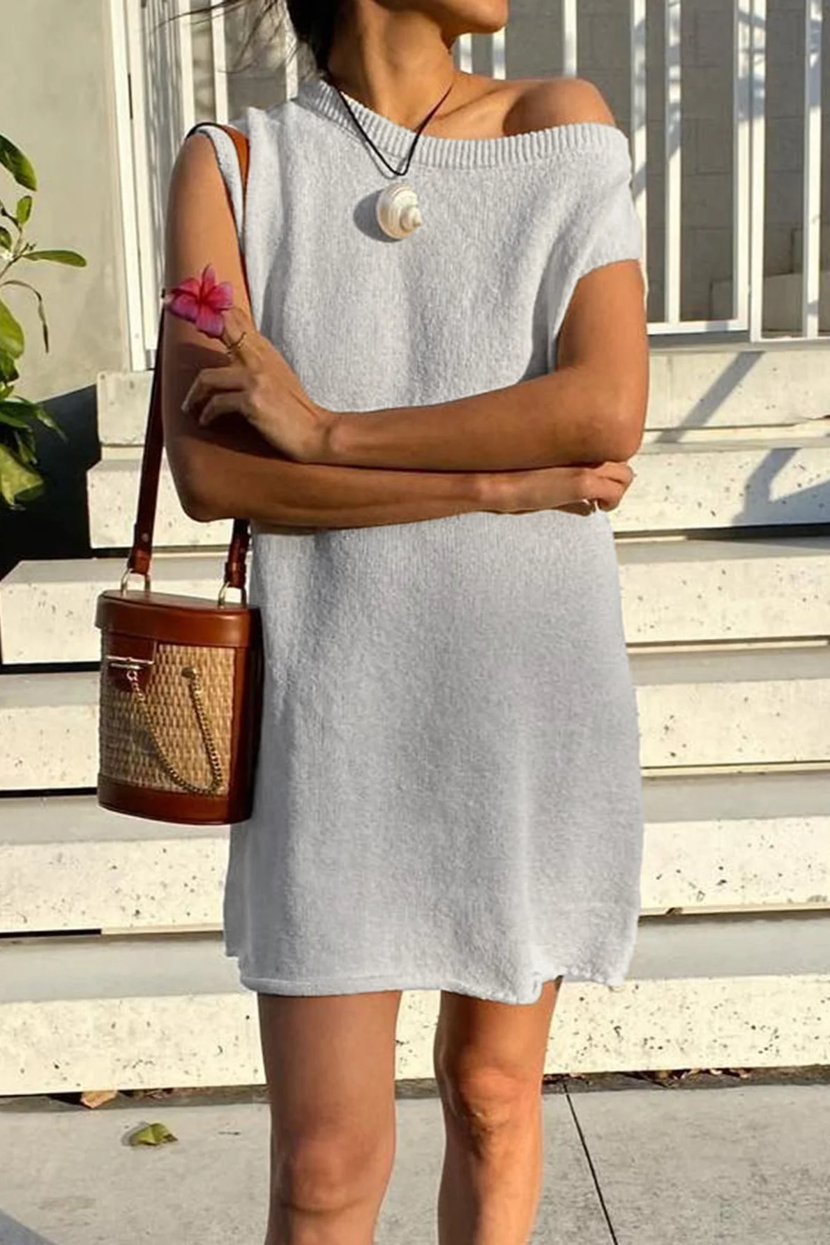Ivory Knitted One Shoulder Loose Fit Mini Dress - Image 3