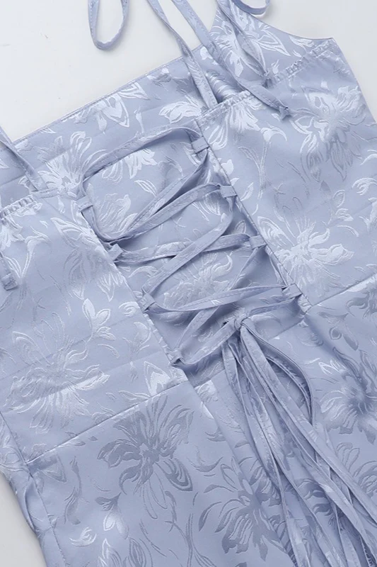 Jacquard Spaghetti Strap Backless Tie Waist Prom Dress - Image 7