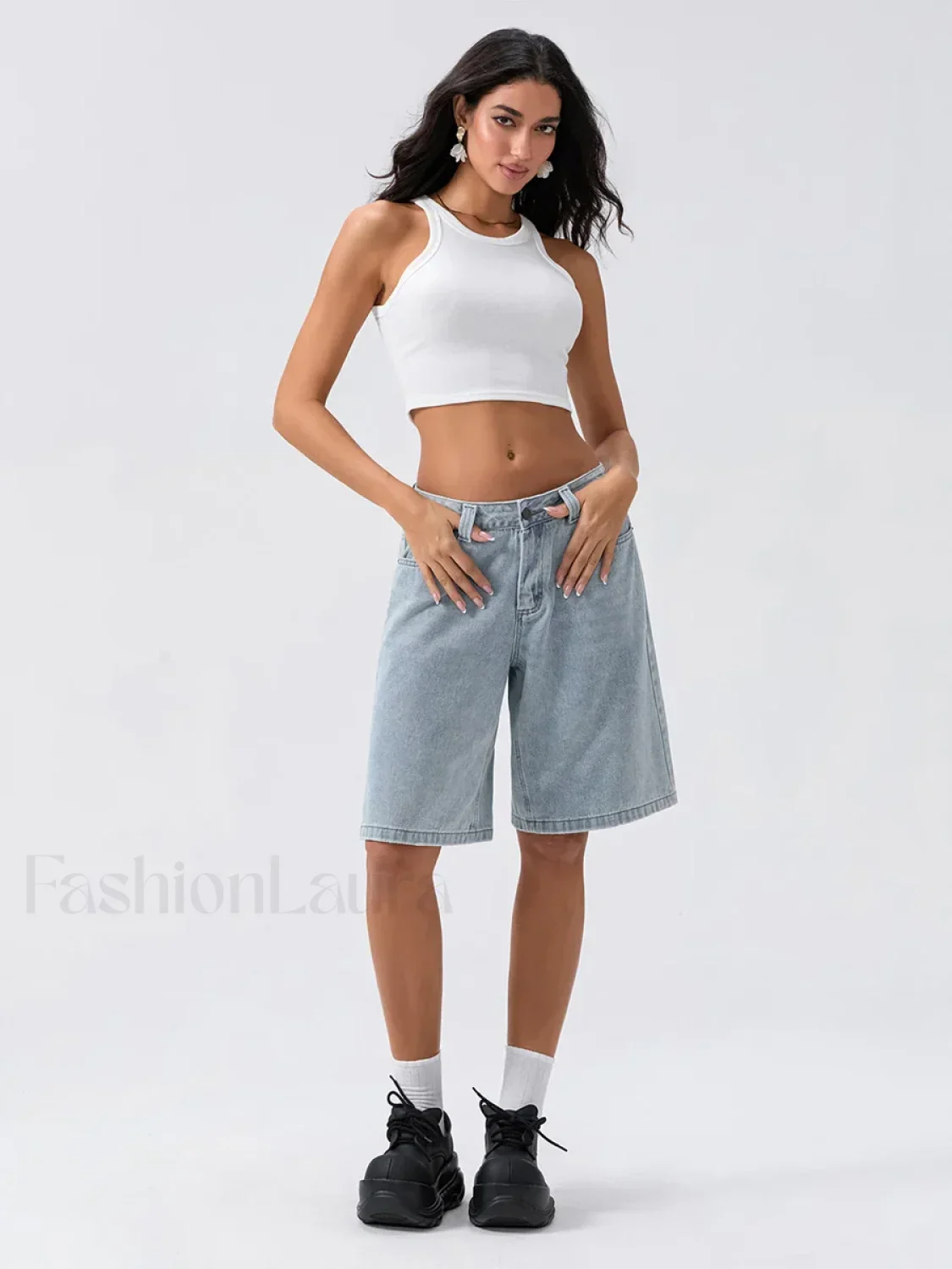Knee Length Denim Low Rise Wide Leg Casual Streetwear Short - Image 3
