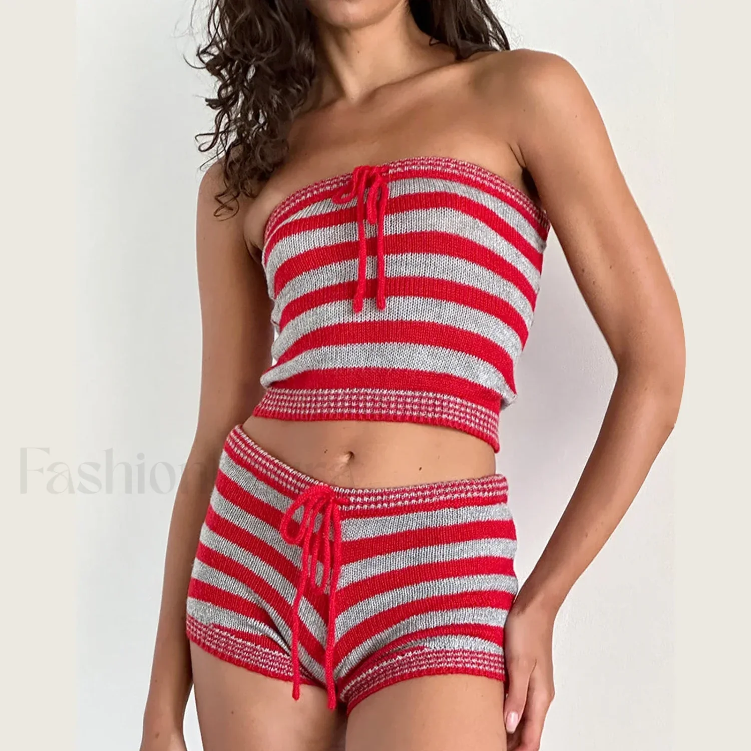 Knit Striped Sleeveless Crop Tube Tops Drawstring Shorts Two Piece Set - Image 3
