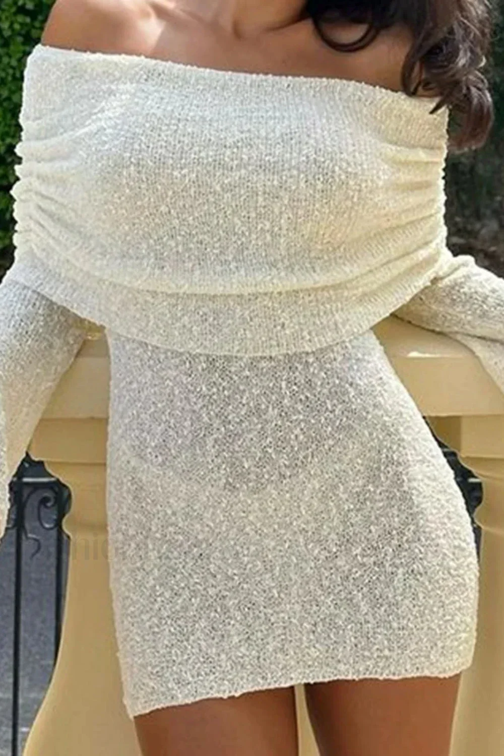 Knitted Hollow Off-Shoulder Long Sleeve Mini Dress - Image 16