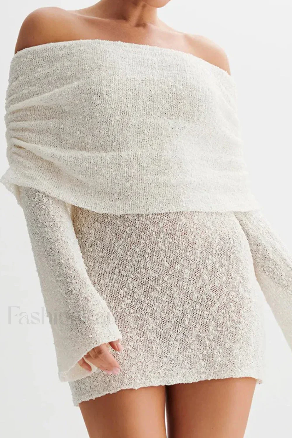 Knitted Hollow Off-Shoulder Long Sleeve Mini Dress - Image 2