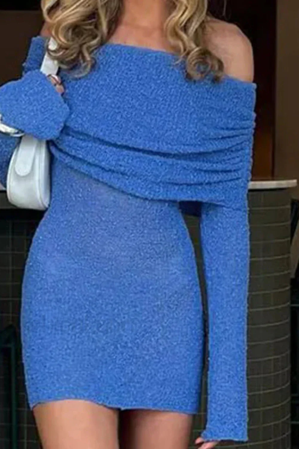 Knitted Hollow Off-Shoulder Long Sleeve Mini Dress - Image 5