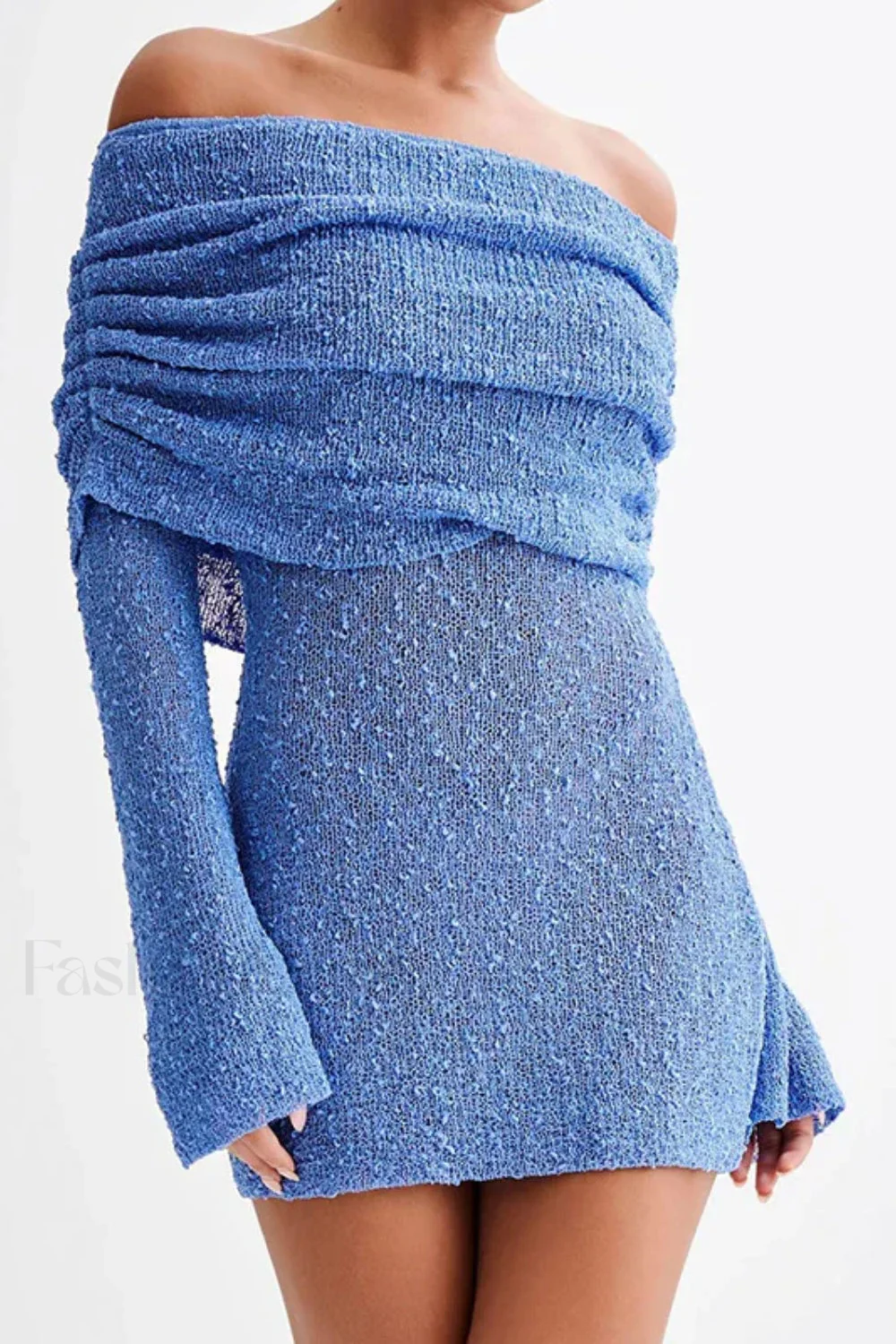 Knitted Hollow Off-Shoulder Long Sleeve Mini Dress - Image 9