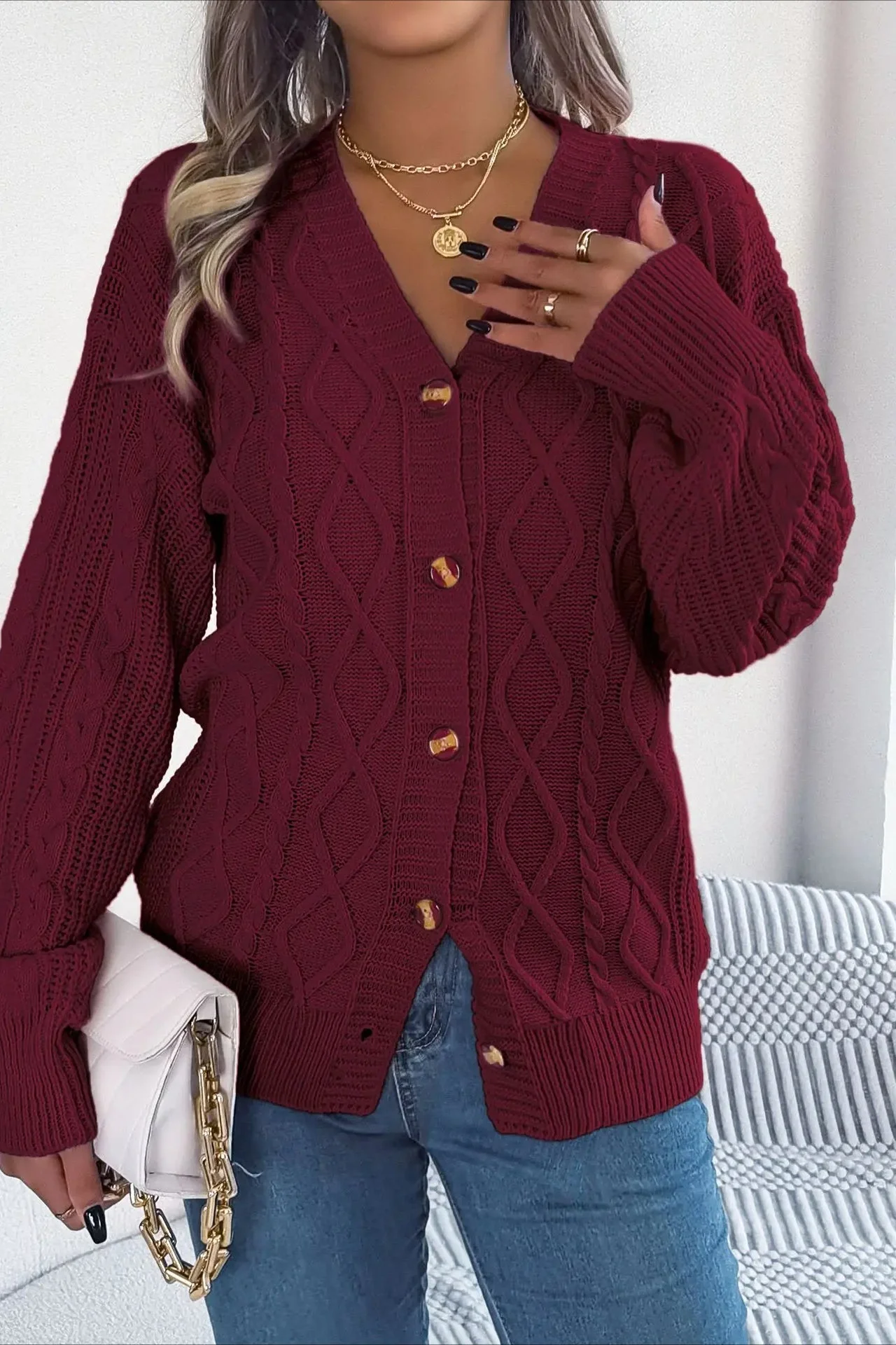 Knitted Long Sleeve Loose Single Breasted Cardigan - Image 22